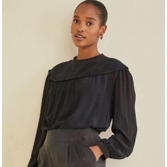 Amour Vert Tops - Amour Vert Black Silk Bibbed Peasant Top Small Balloon Long Sleeve Cottagecore